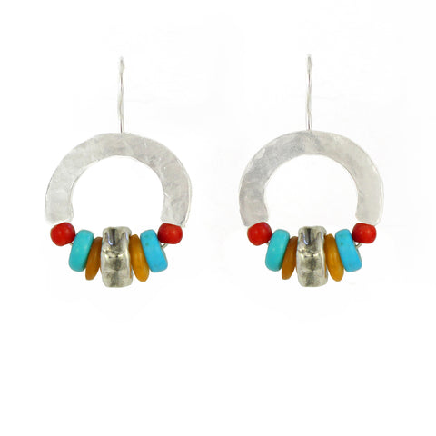 Crescent Moon - Sterling Silver, Red Coral, Calcite, & Turquoise Gemstones Earrings