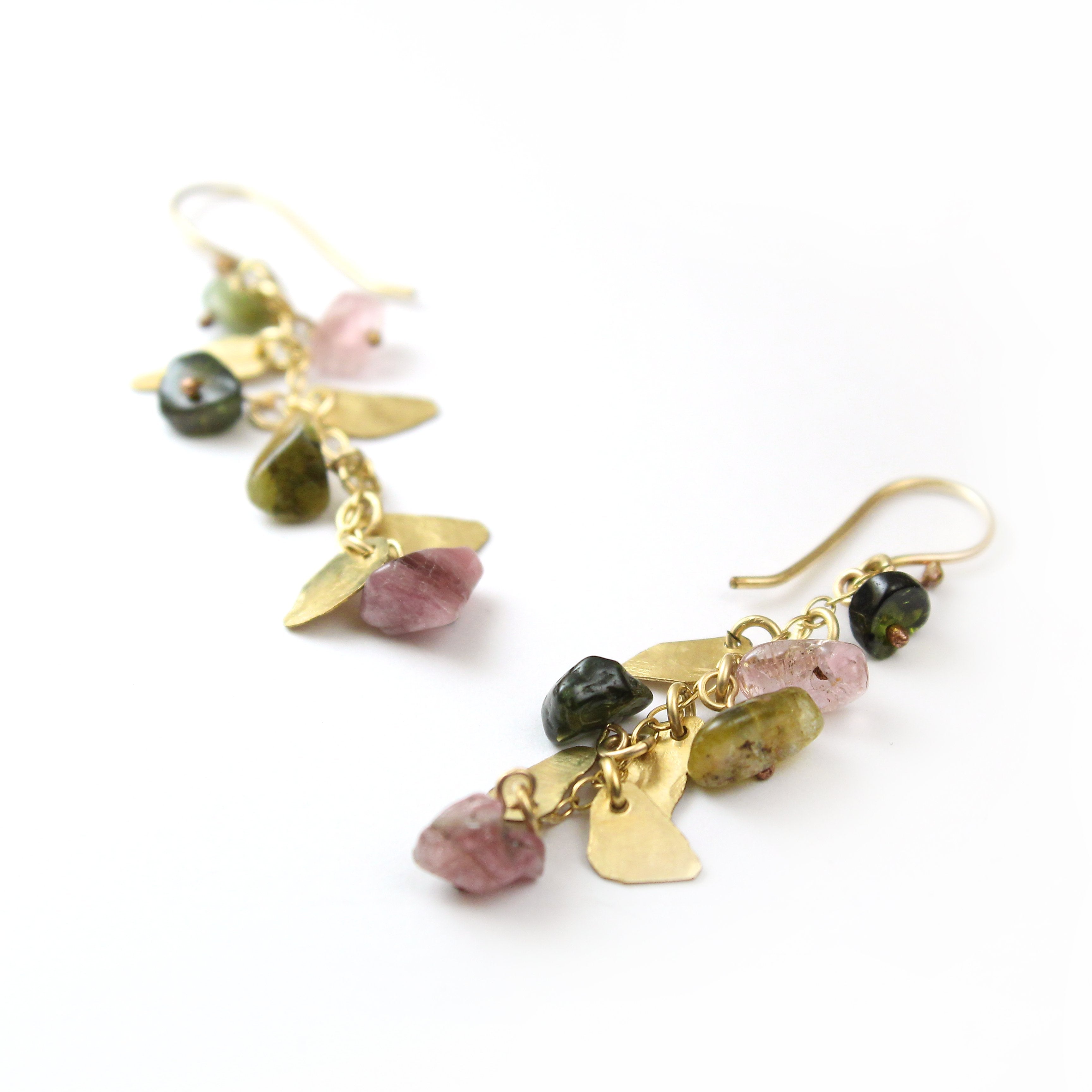 Gold filled Leaves & Tourmaline Gemstones Elegant Earrings - Shulamit Kanter