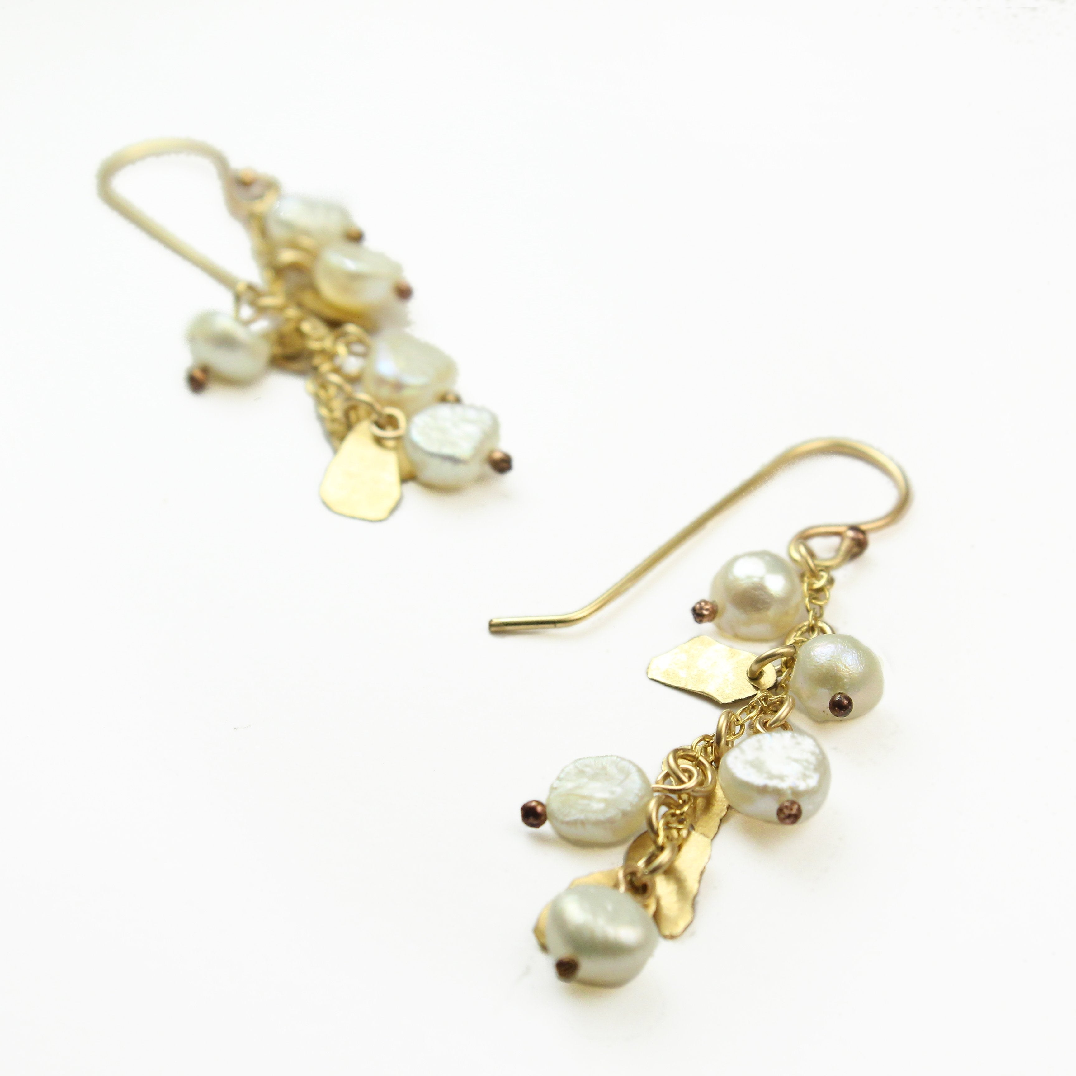 Gold filled Leaves & White Pearls Elegant Earrings - Shulamit Kanter