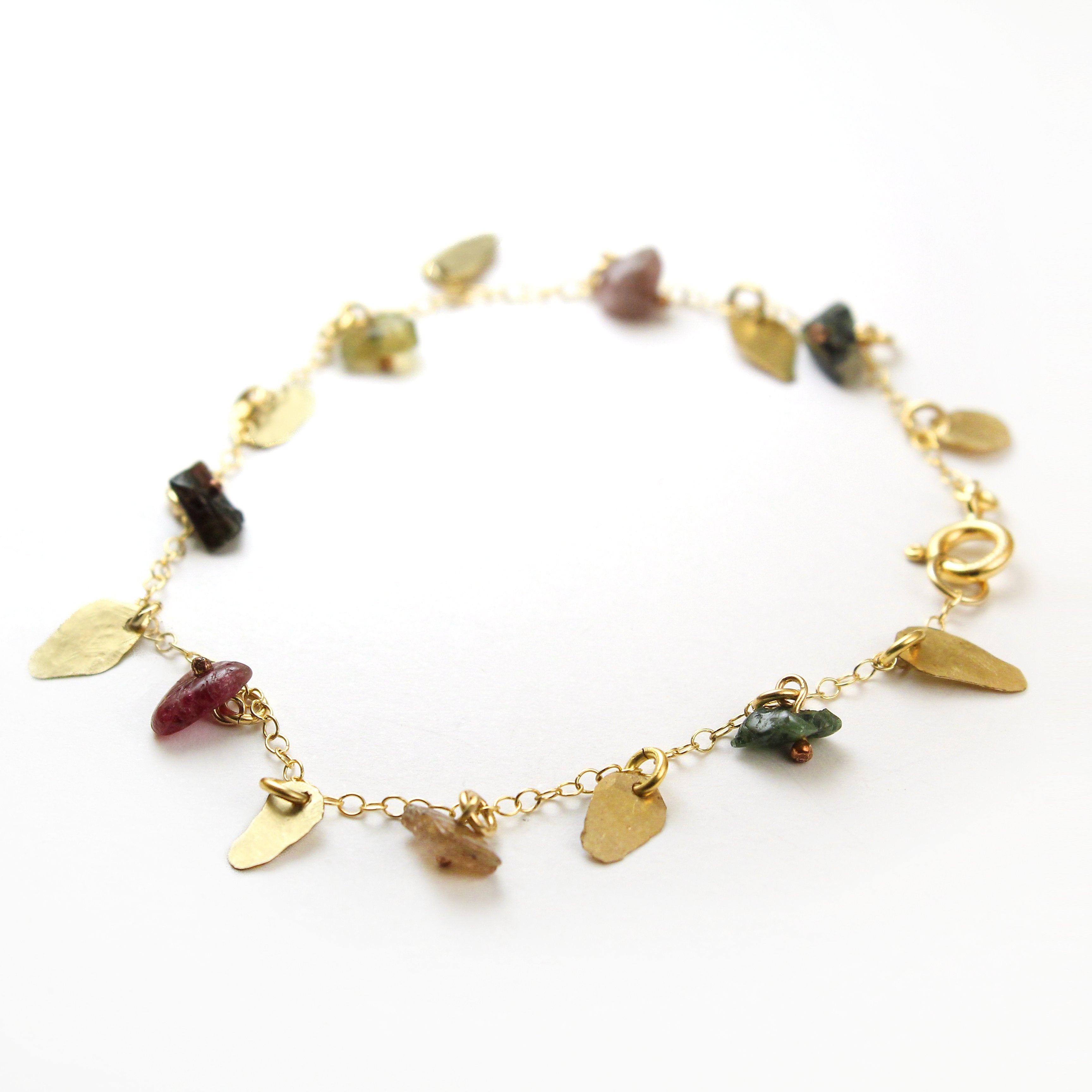 Gold filled Leaves & Tourmaline Gemstones Elegant Bracelet - Shulamit Kanter