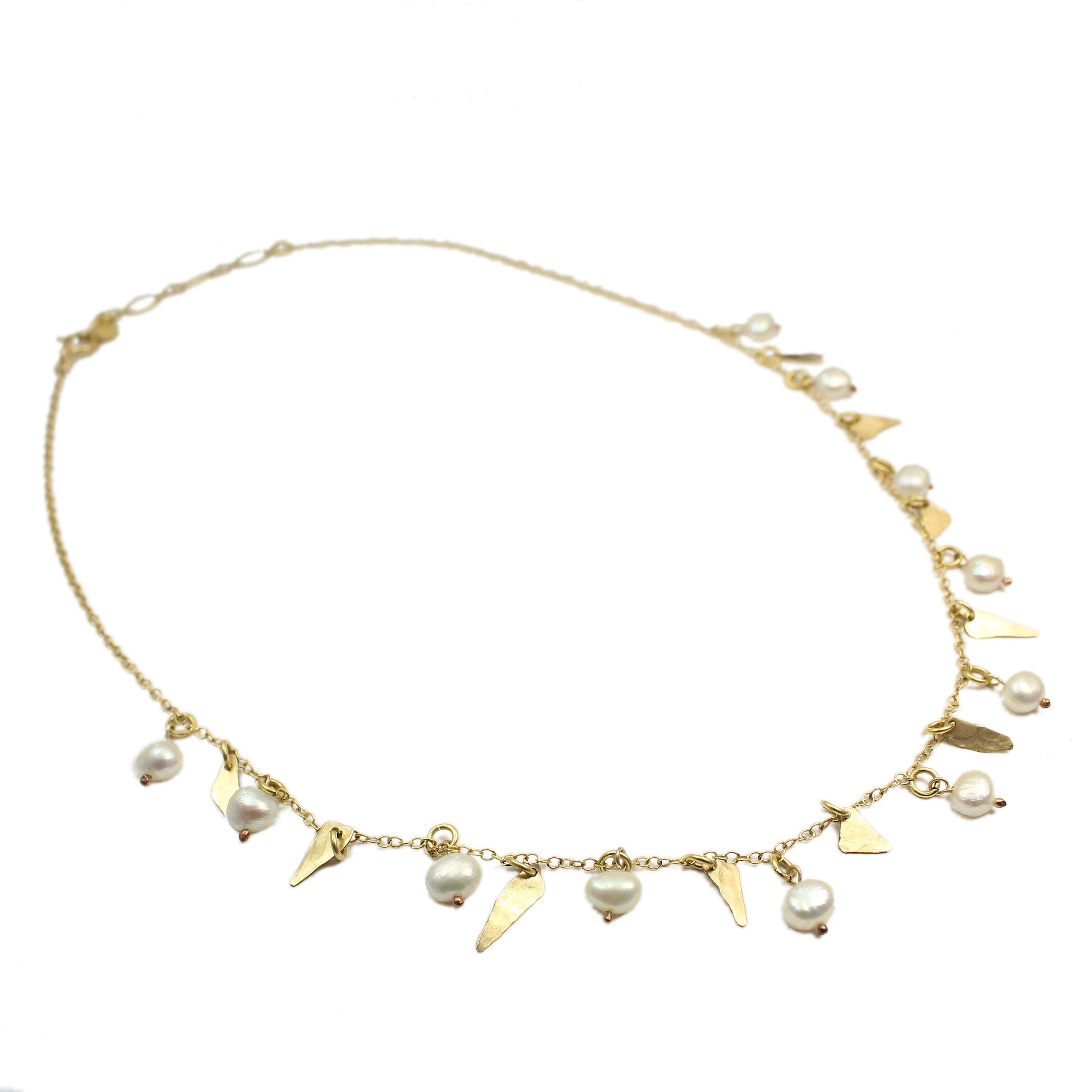 Gold filled Leaves & White Pearls Elegant Necklace - Shulamit Kanter