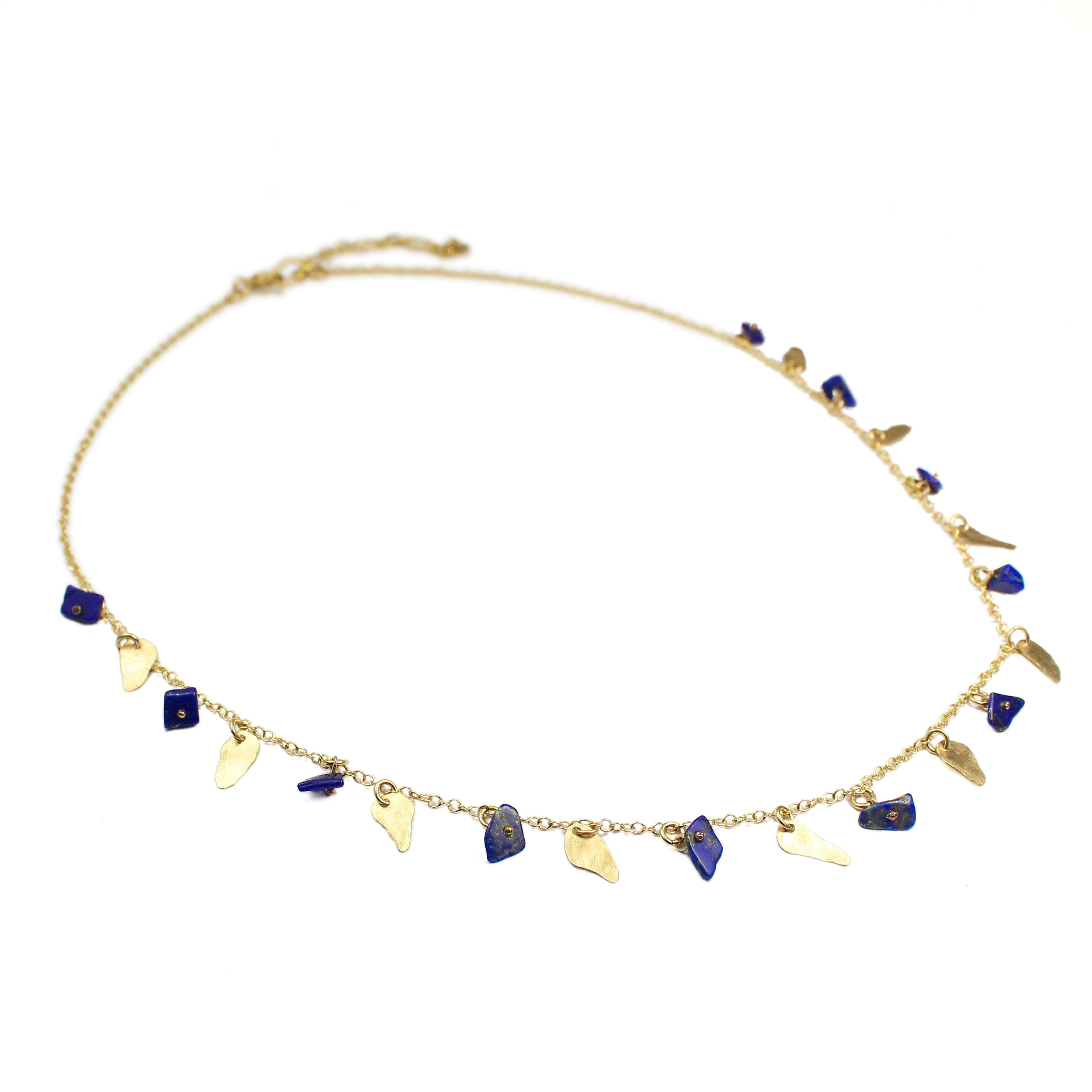 Gold filled Leaves & Lapis Lazuli Gemstones Elegant Necklace - Shulamit Kanter