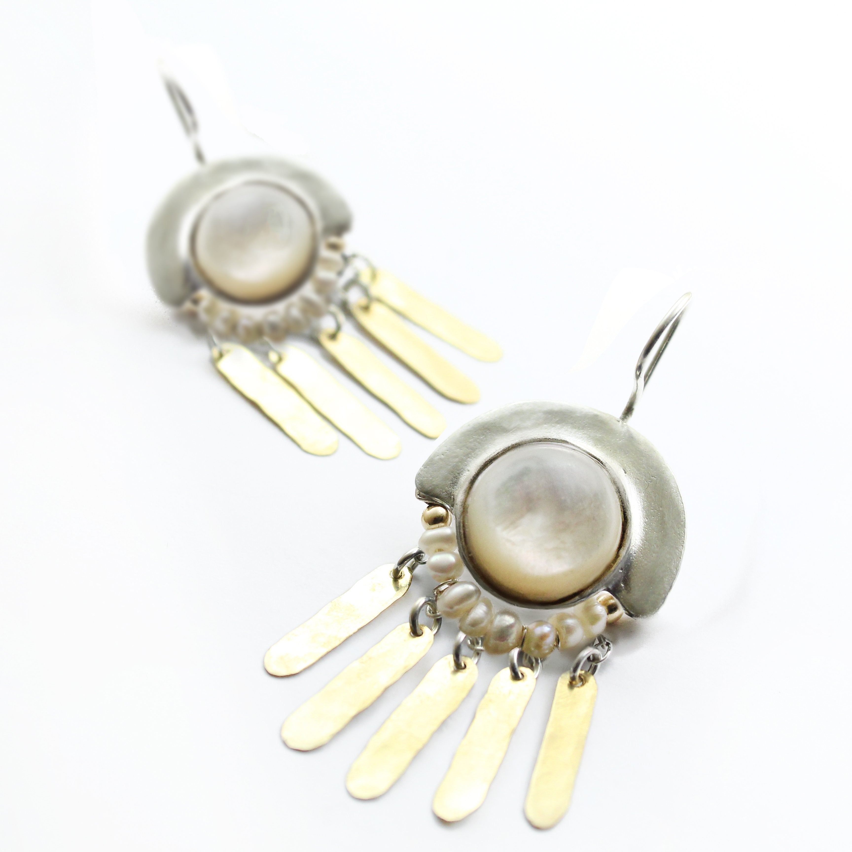 Elegant Bohemian Style Silver, Gold filled & Pearls Large Earrings - Shulamit Kanter