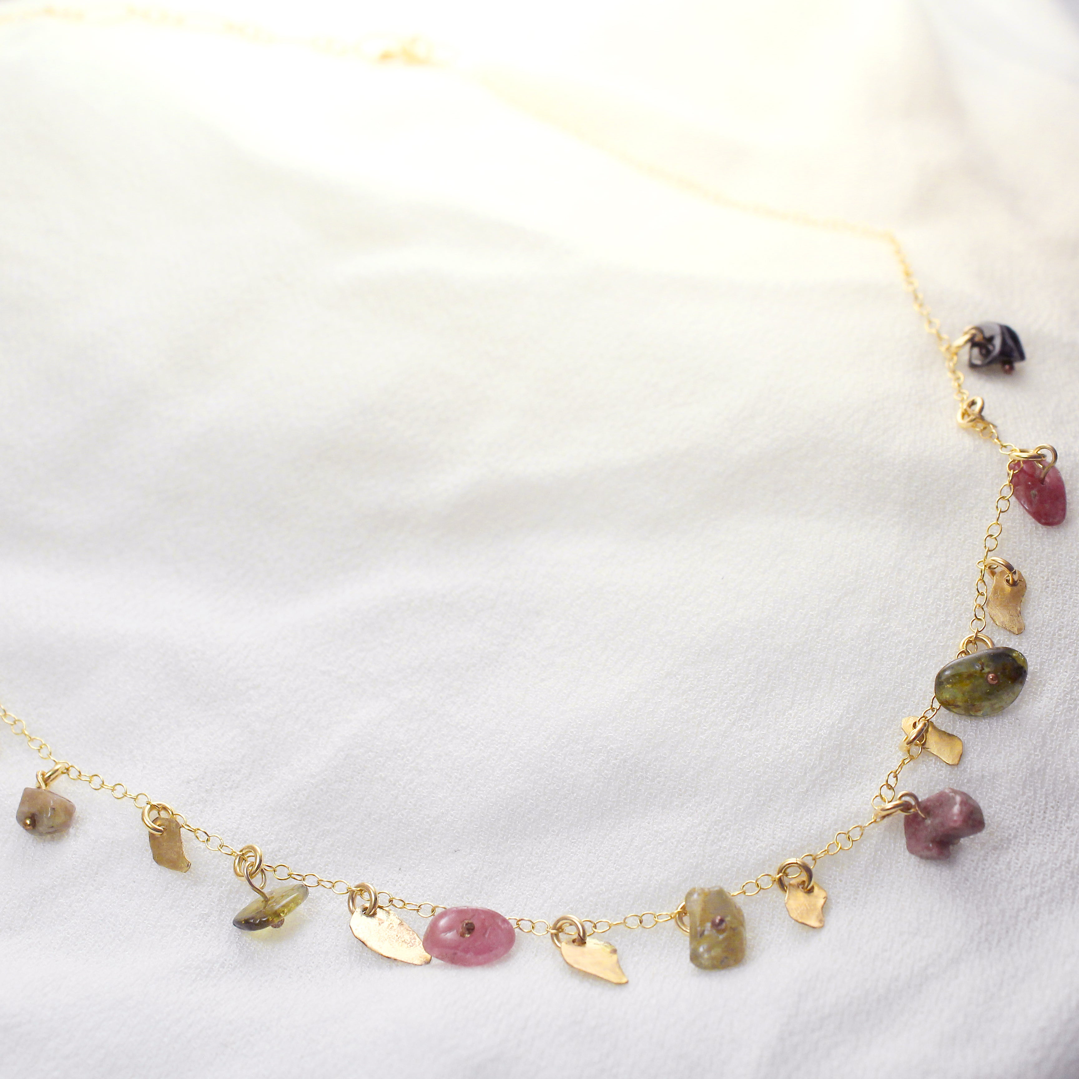 Golden Leaves - Gold-Filled Leaves & Tourmaline Gemstone Necklace