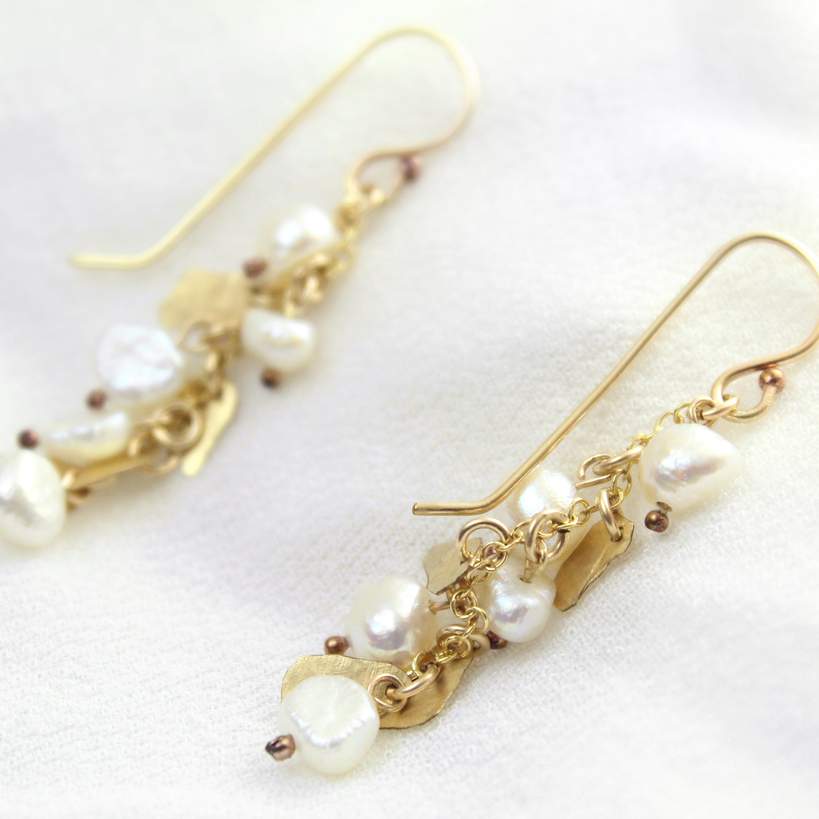 Golden Leaves - Gold-Filled Leaves & Freshwater Pearl Earrings