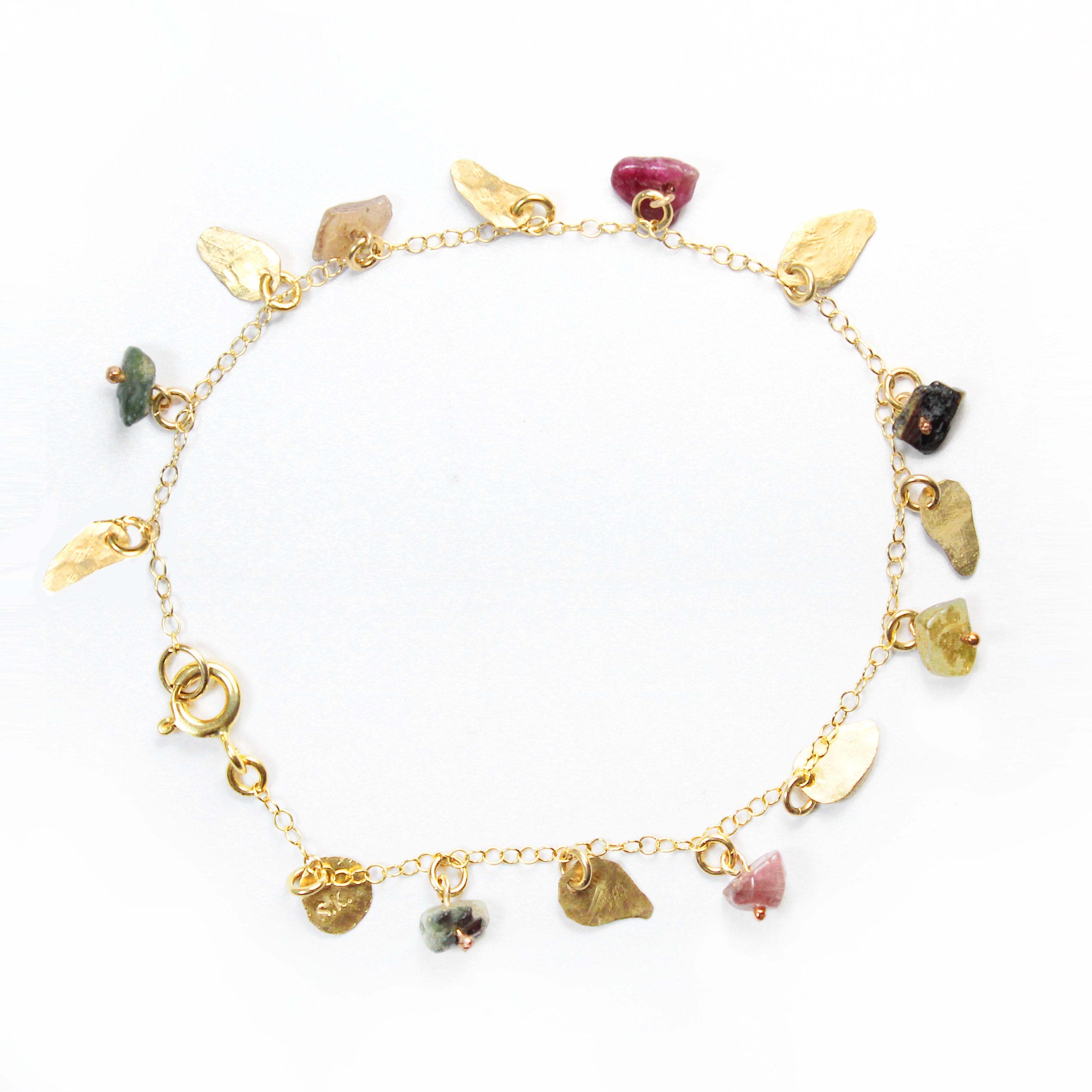 Gold filled Leaves & Tourmaline Gemstones Elegant Bracelet - Shulamit Kanter