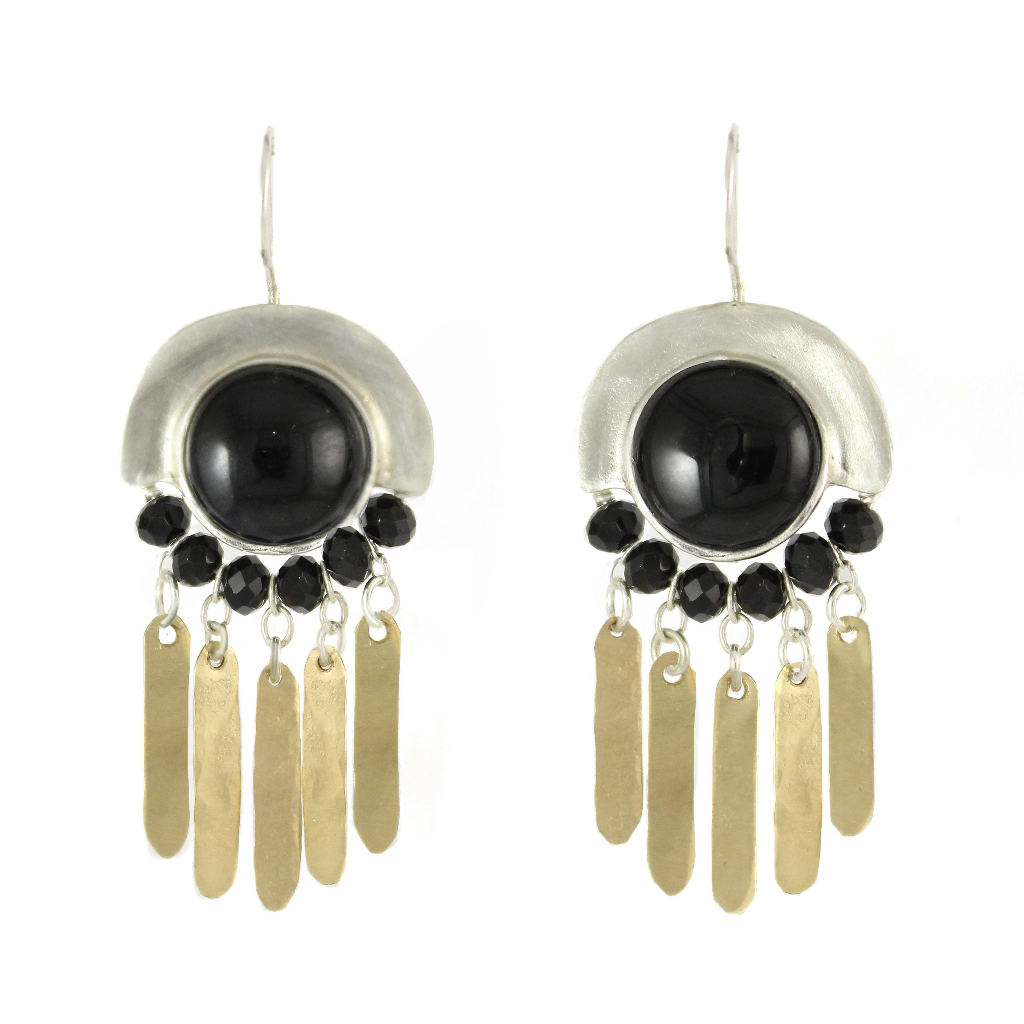 Elegant Bohemian Style Silver, Gold filled & Onyx Gemstones Large Earrings - Shulamit Kanter