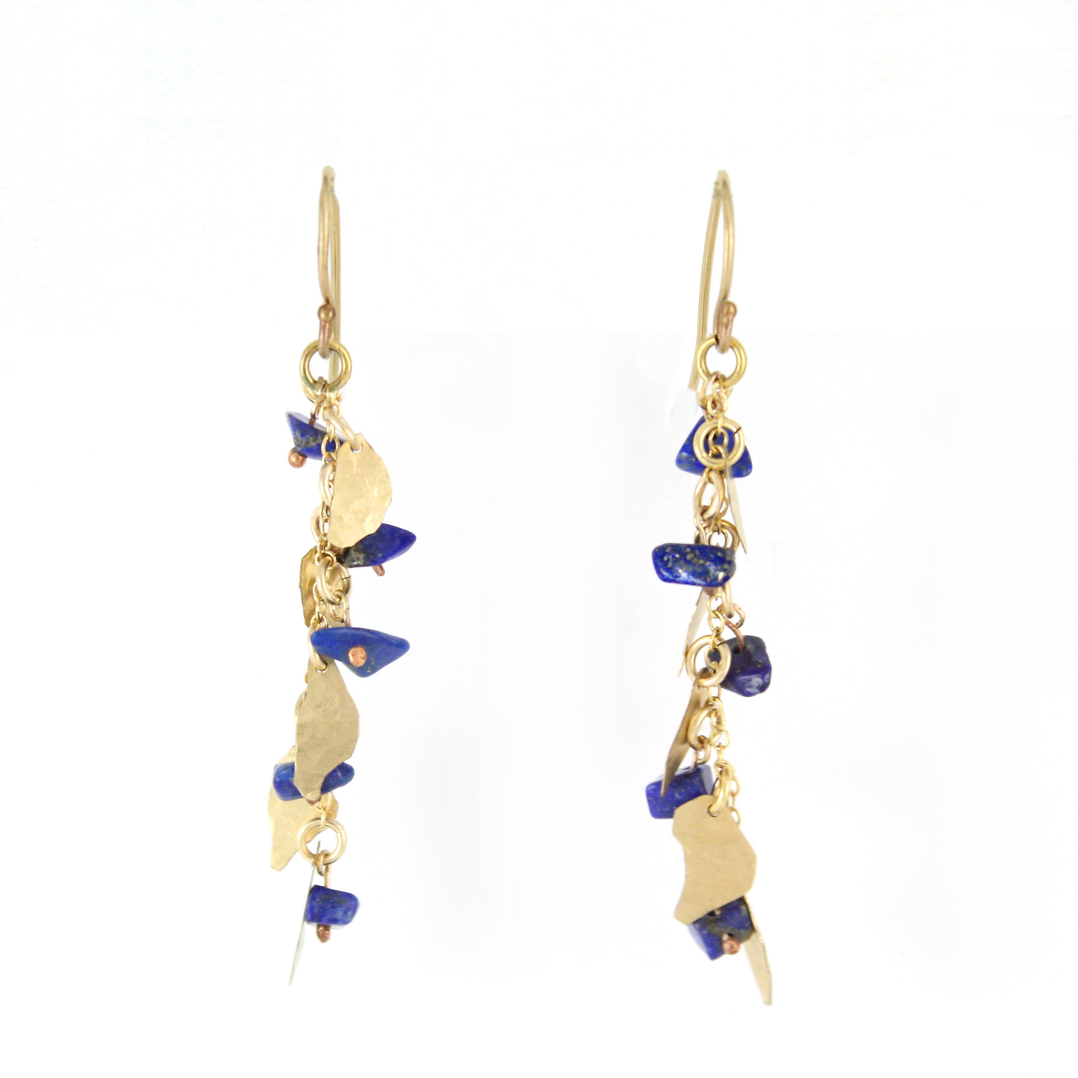 Gold filled Leaves & Lapis Lazuli Gemstones Elegant Earrings - Shulamit Kanter