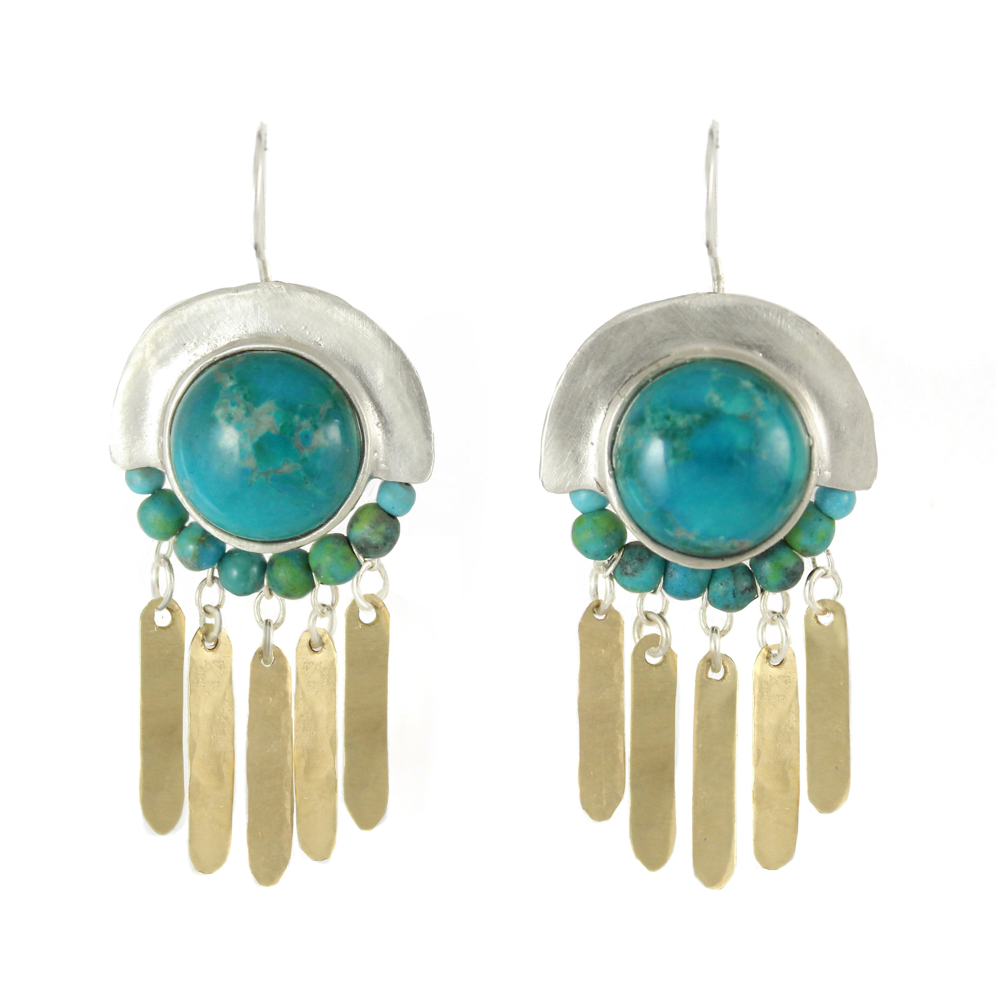 Elegant Bohemian Style Silver, Gold filled & Turquoise Gemstones Large Earrings - Shulamit Kanter
