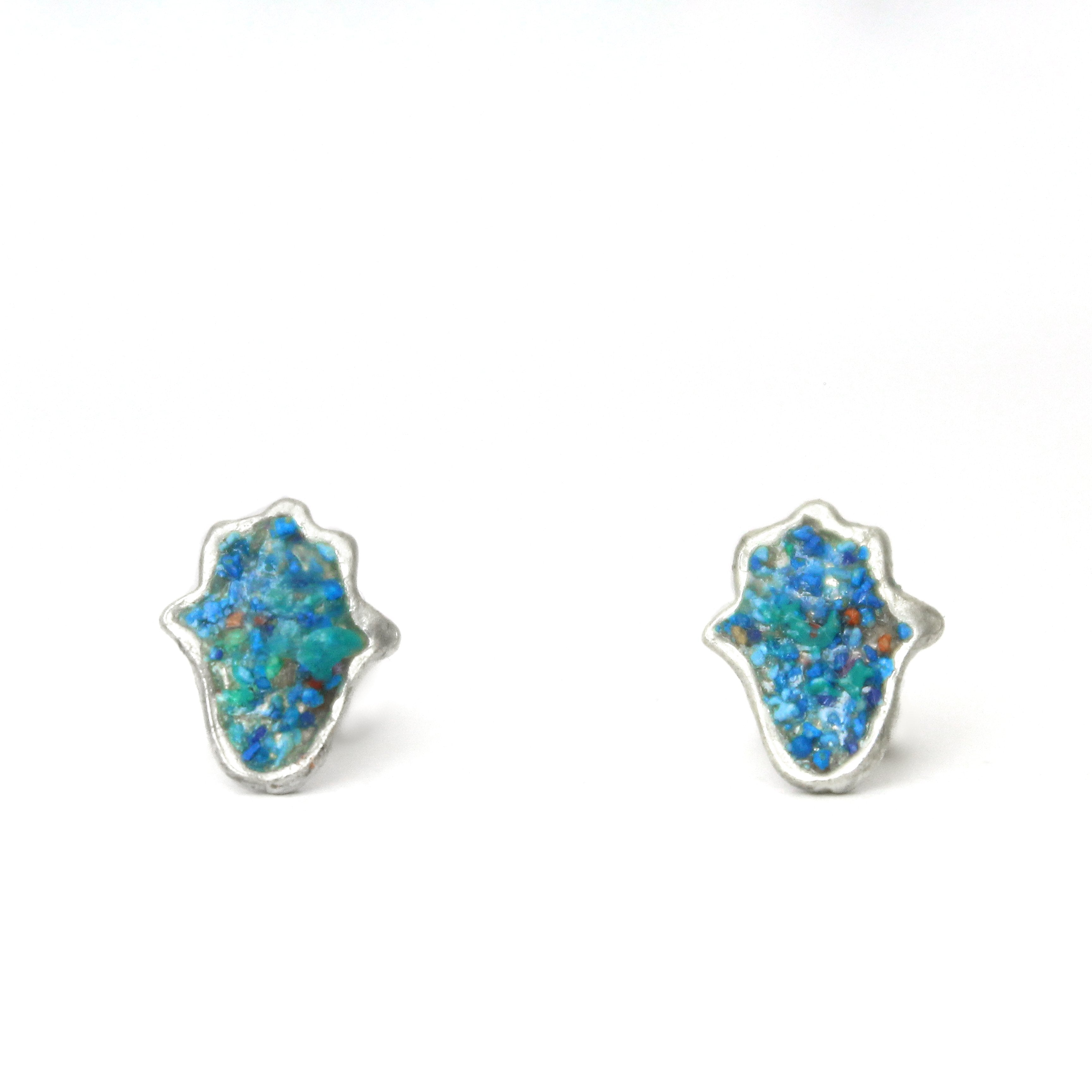 Turquoise Hamsa Silver & Stones Pierce Earrings - Shulamit Kanter