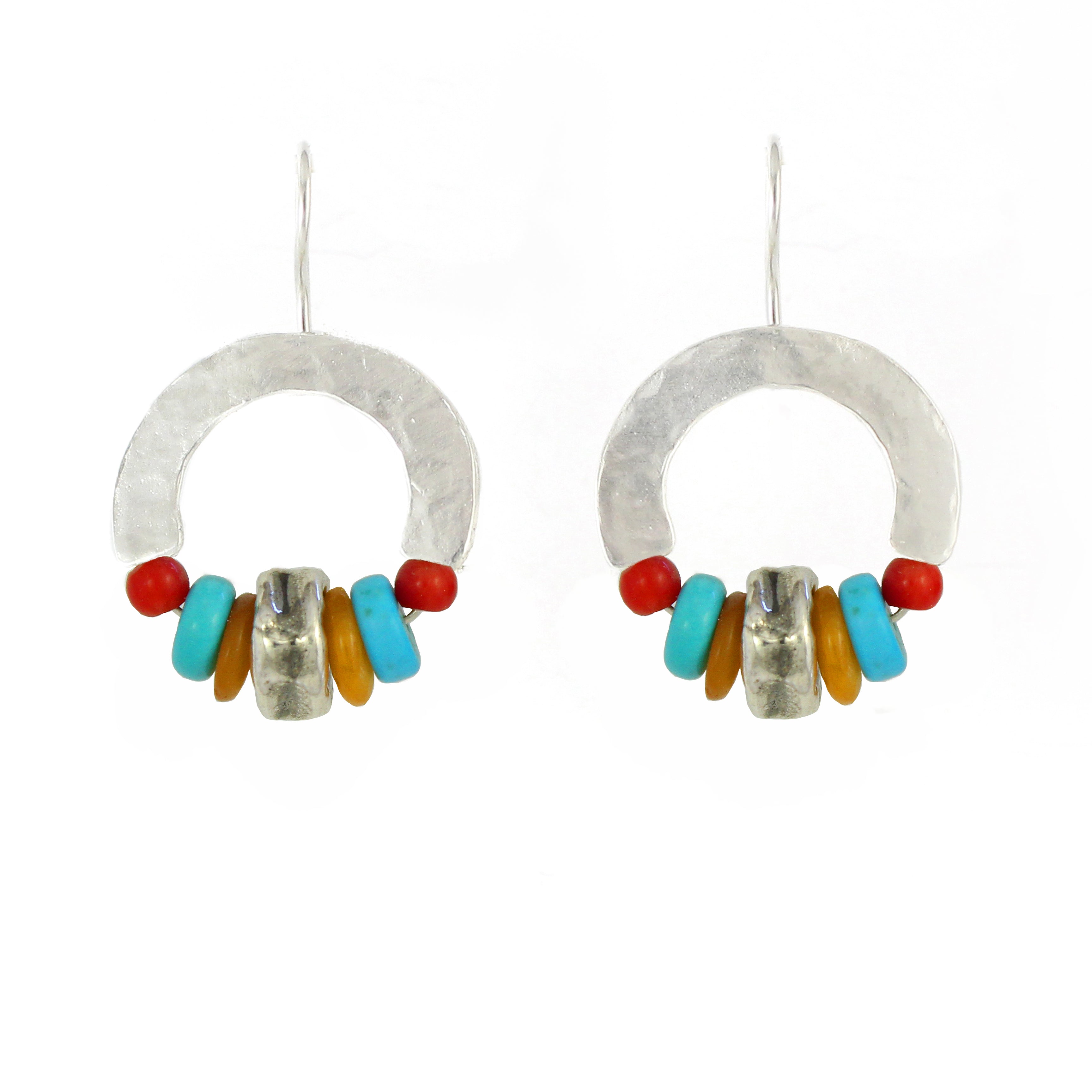 Crescent Moon - Sterling Silver, Red Coral, Calcite, & Turquoise Gemstones Earrings