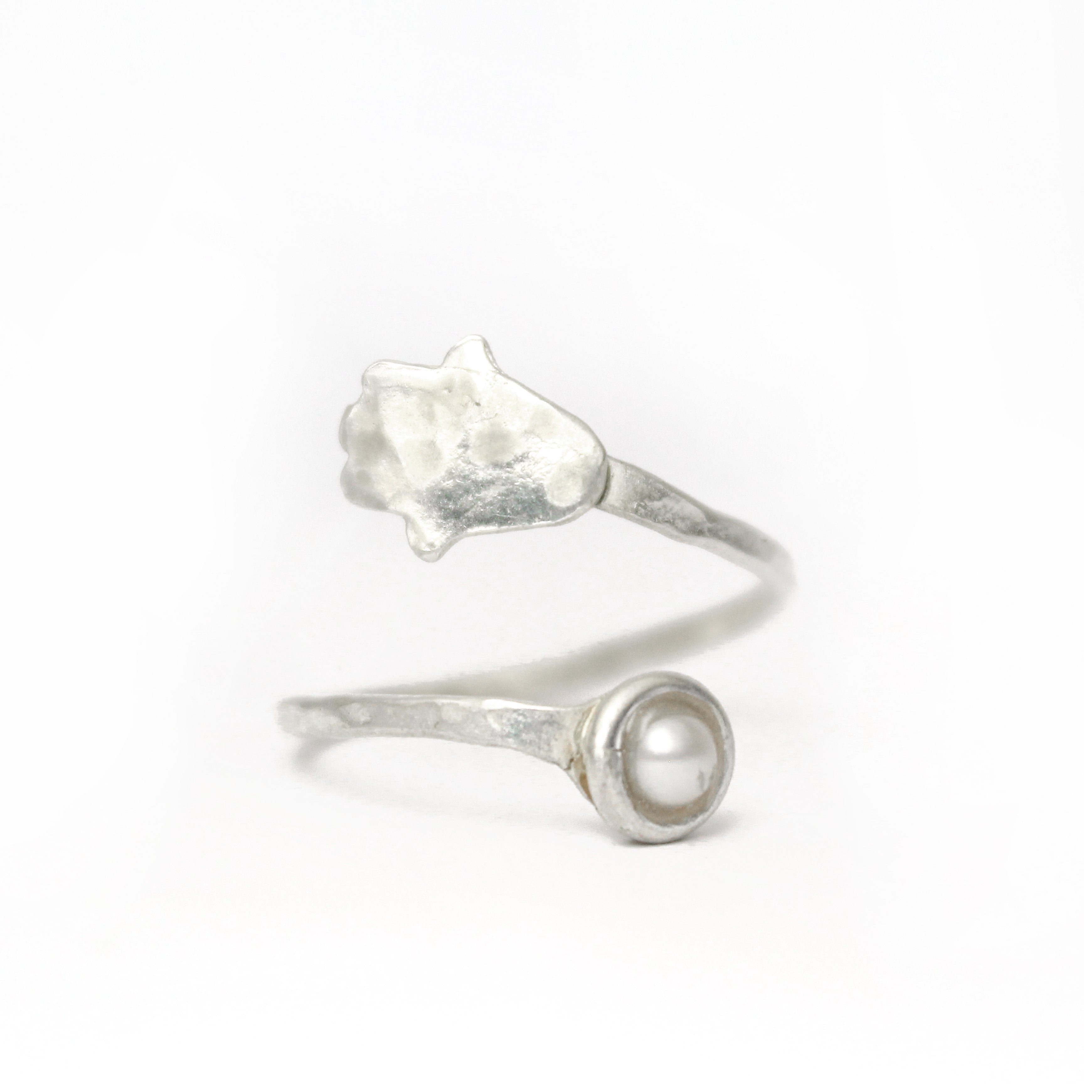 Hamsa Silver Ring with White Pearl - Shulamit Kanter